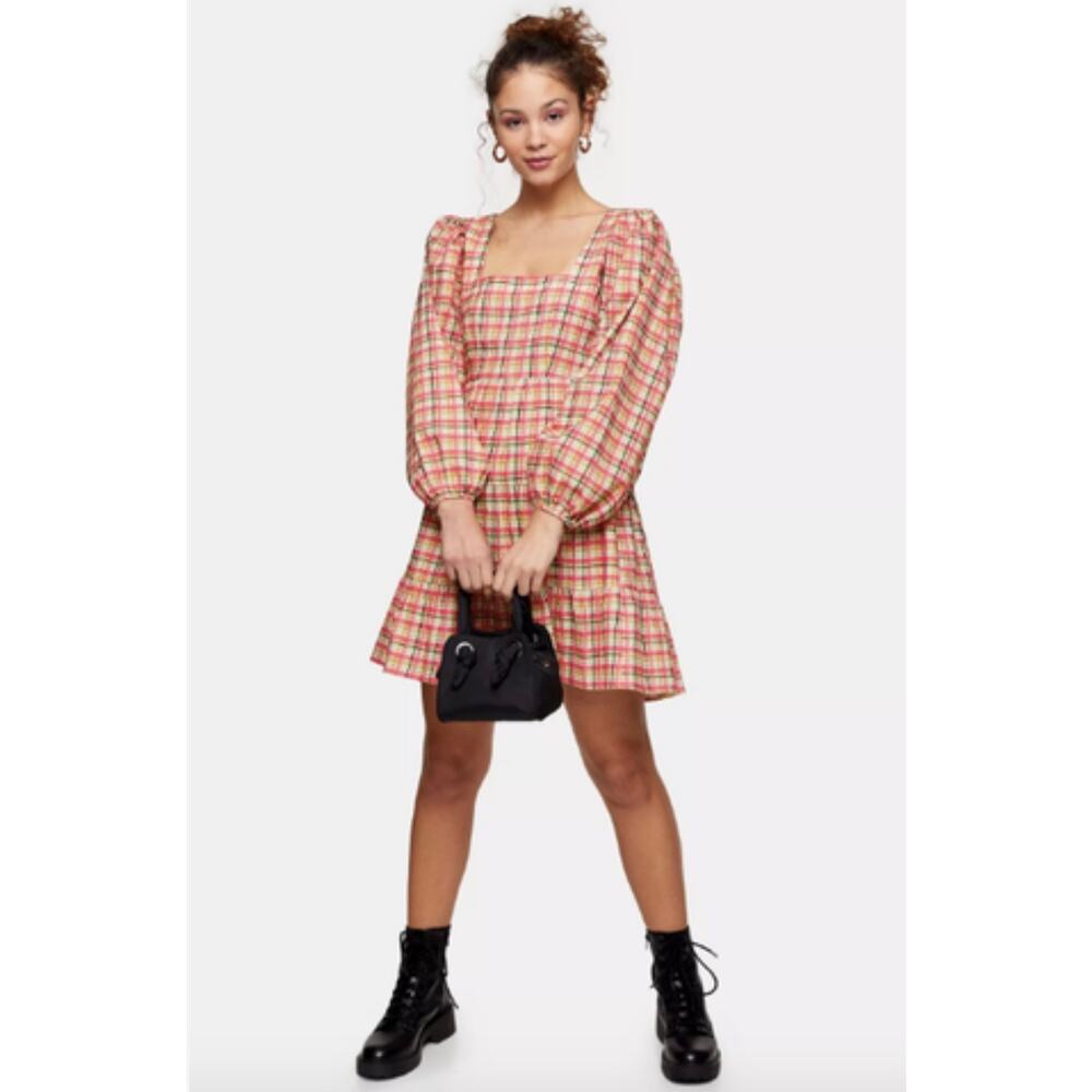 NWT Topshop plaid babydoll waffle weave puff sleeve Peasant dress XL milkmaid